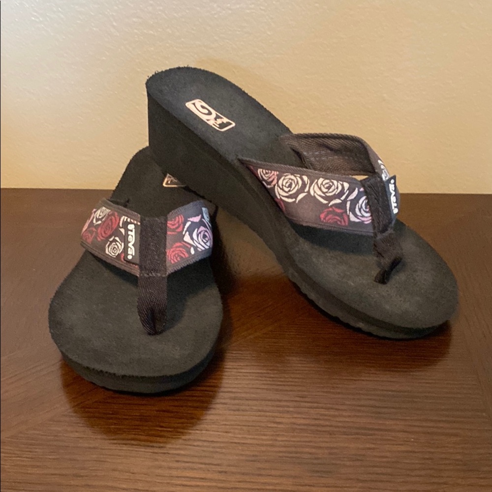Teva Black and Purple Platform Flip Flops with Thick Sole